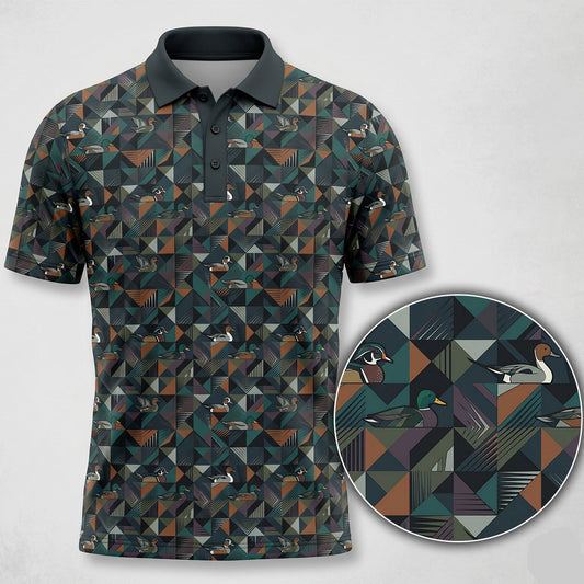 Geometric patterned polo shirt with a close-up detail on a white background