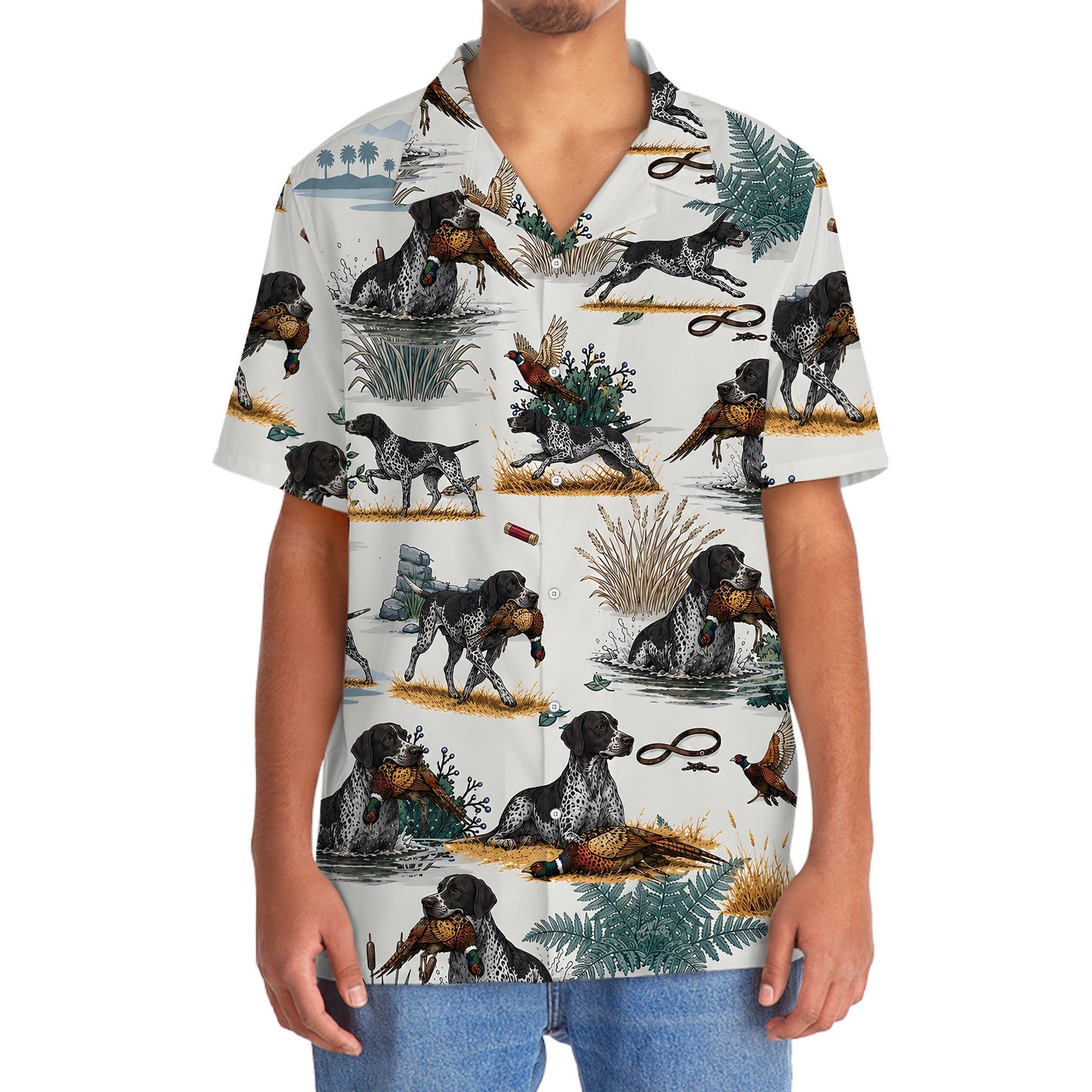 Black White German Shorthaired Pointer Pheasant Hunting Hawaiian Shirt