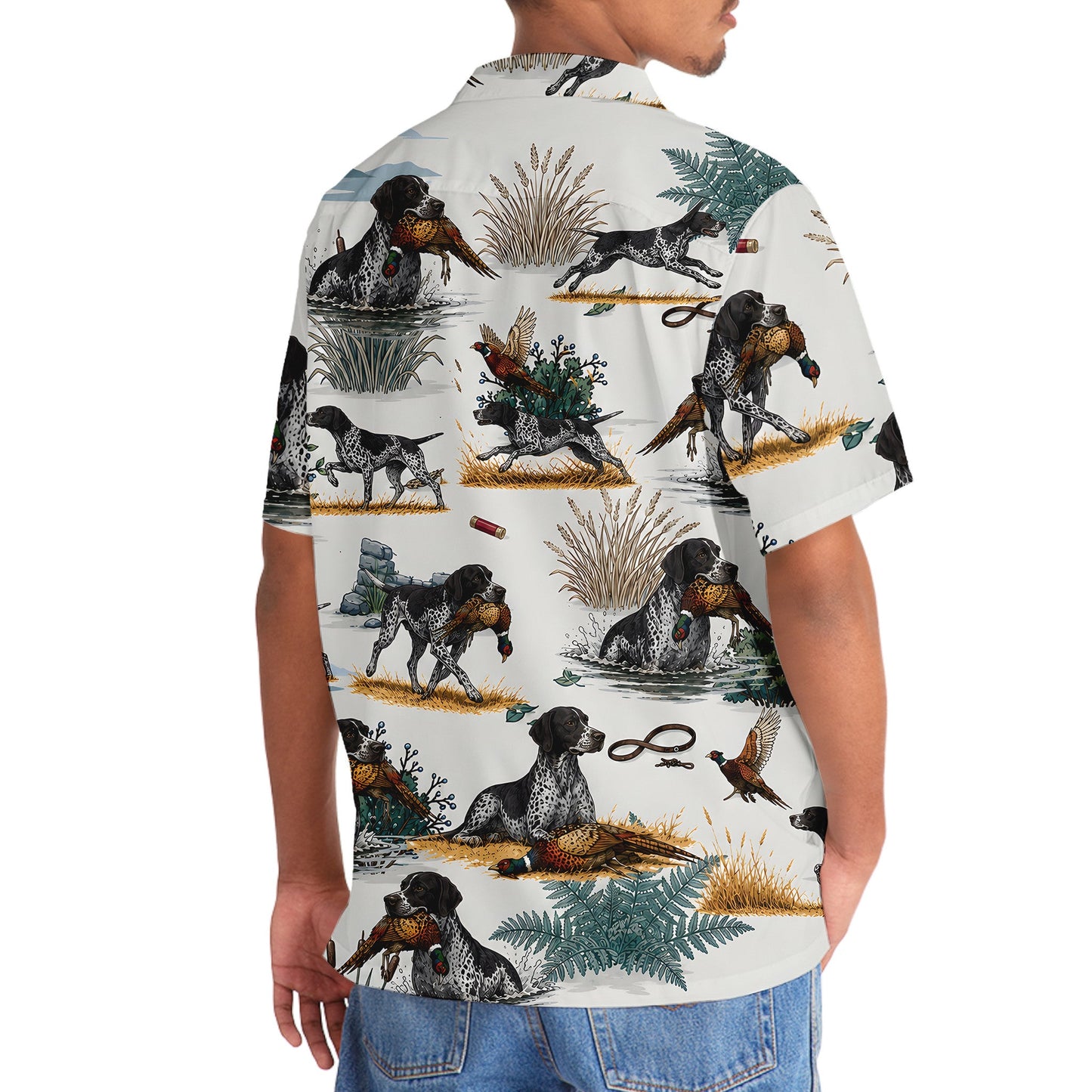 Black White German Shorthaired Pointer Pheasant Hunting Hawaiian Shirt