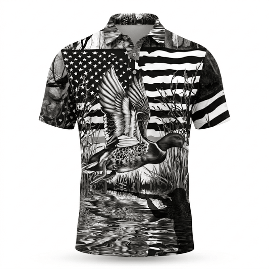 America Mallard Duck Hunting Black And White Men Polo Shirt