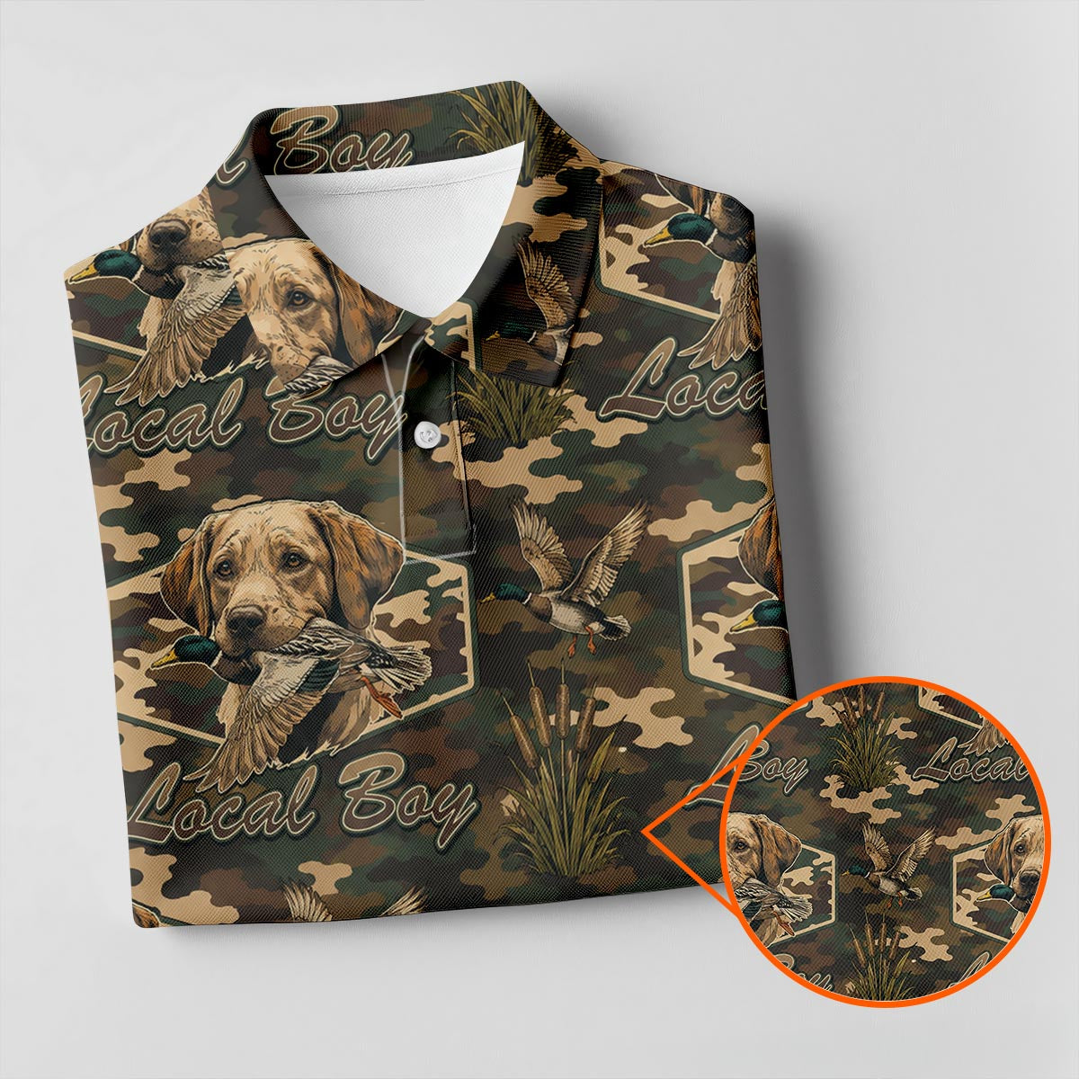 Local Boy Duck Hunting Polo Shirt – Labrador Retriever Camo Tee
