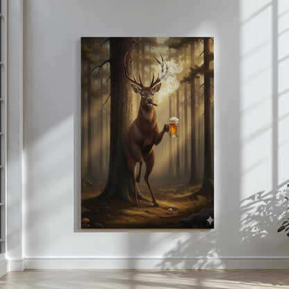 Funny Hunting Wall Art Canvas – Deer with Beer and Cigar Print for Man Cave Decor & Hunter Gift for Men