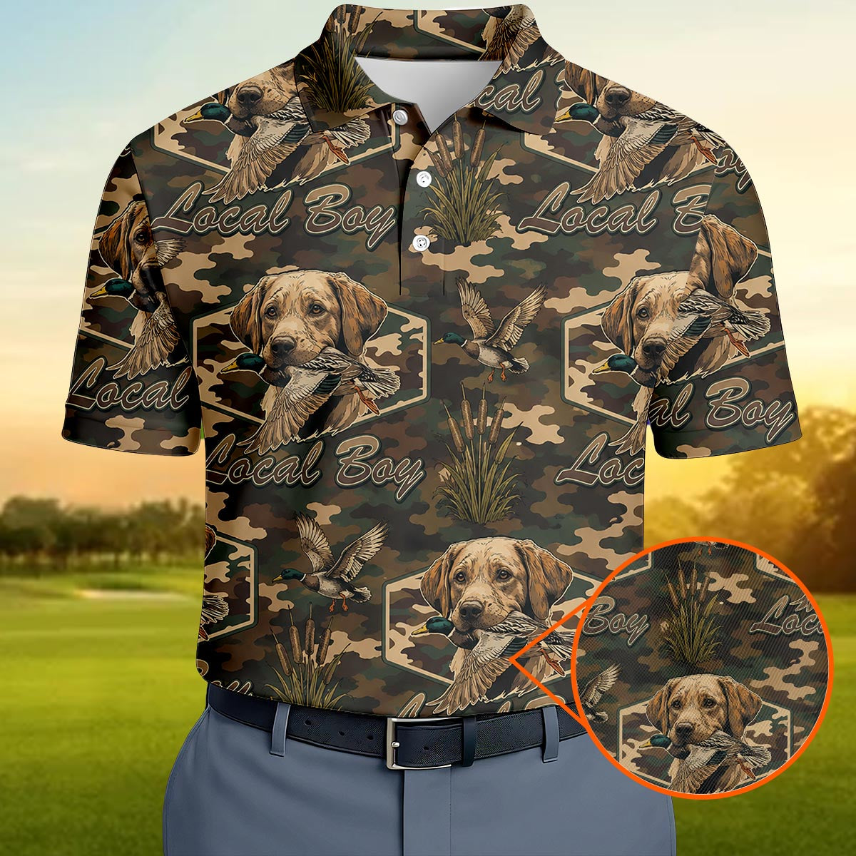 Local Boy Duck Hunting Polo Shirt – Labrador Retriever Camo Tee