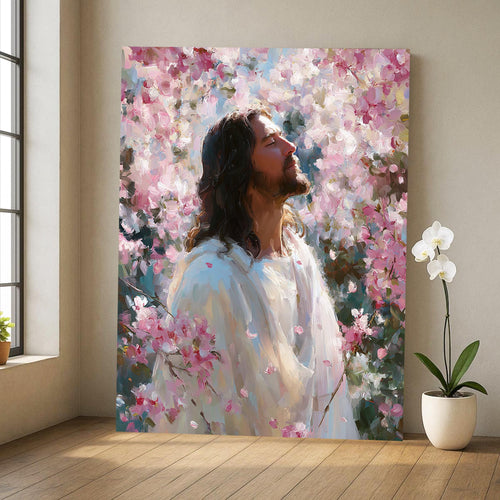 Jesus Canvas Wall Art, Christian Floral Painting, Religious Home Decor