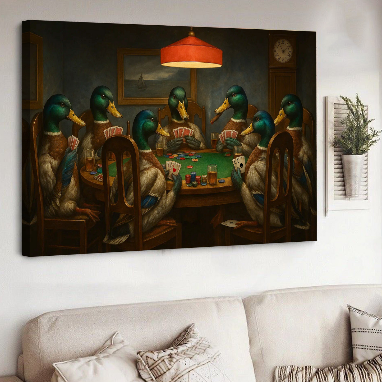 Funny Ducks Playing Poker Canvas Wall Art – Rustic Wildlife Game Night Decor