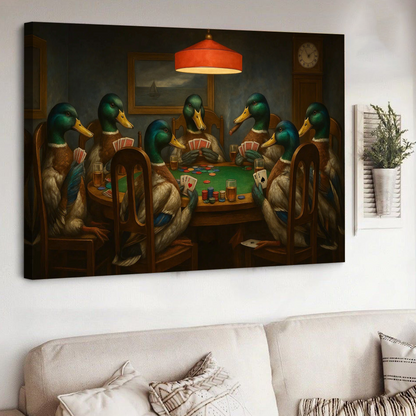 Funny Ducks Playing Poker Canvas Wall Art – Rustic Wildlife Game Night Decor