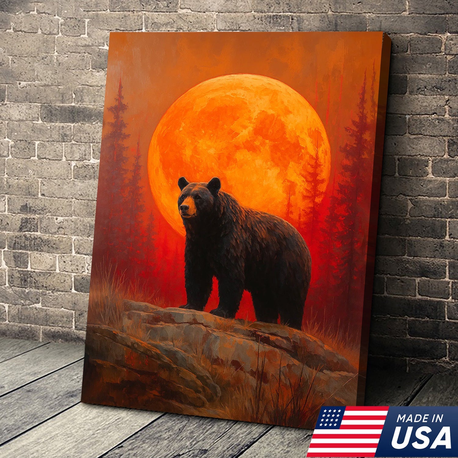 Bear Canvas Wall Art – Majestic Black Bear with Fiery Orange Full Moon