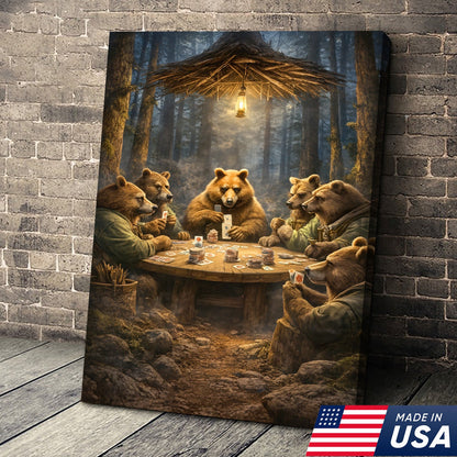 Funny Bear Poker Night Wall Art Canvas – Rustic Forest Animal Card Game Canvas Decor