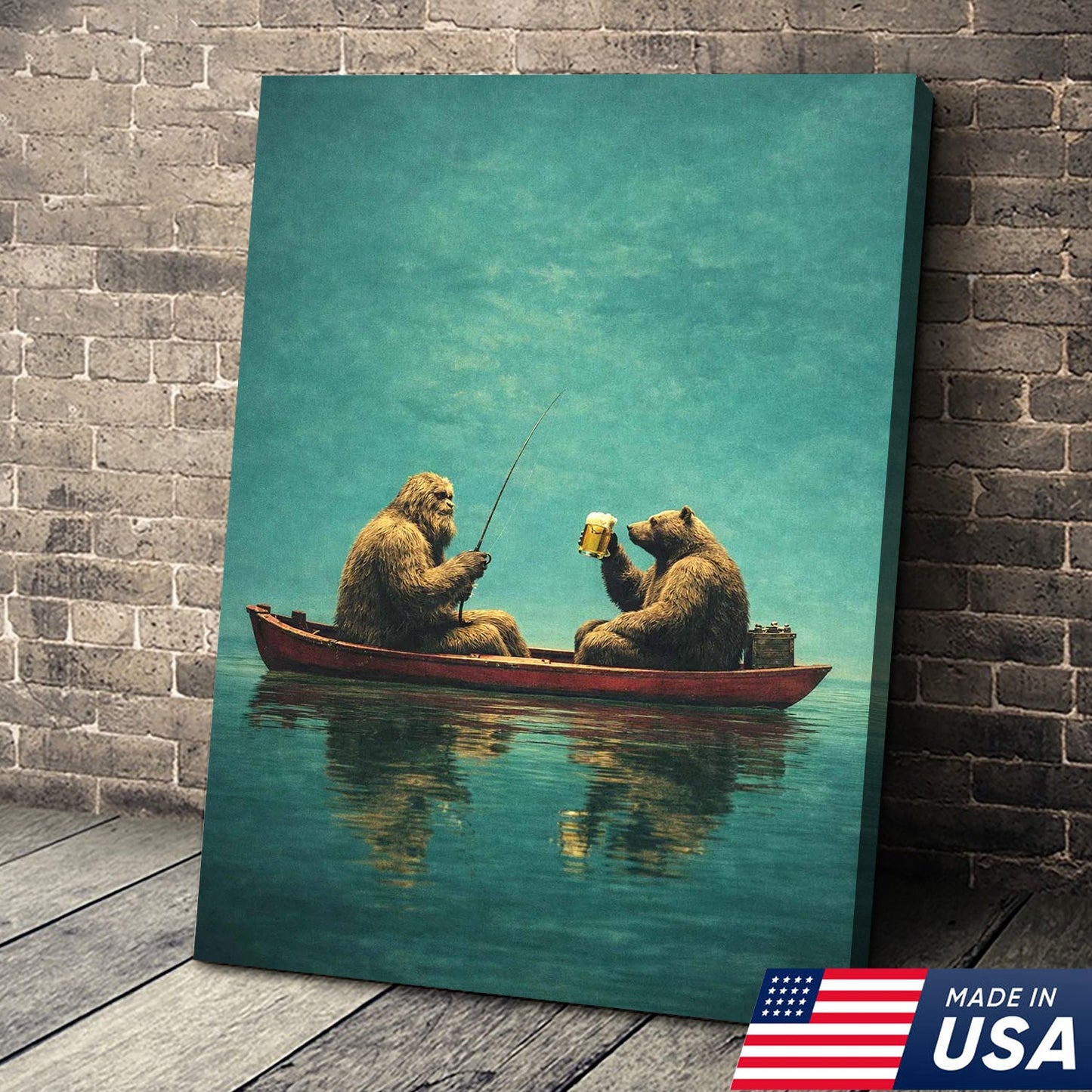 Whimsical Bear Fishing Canvas Wall Art, Surreal Animal Friendship Painting