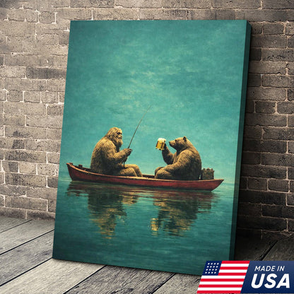 Whimsical Bear Fishing Canvas Wall Art, Surreal Animal Friendship Painting