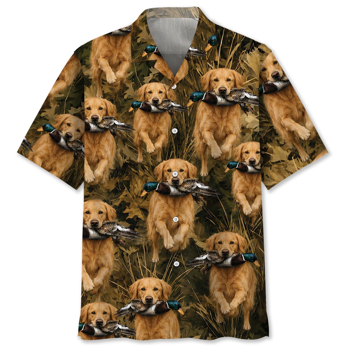 Camouflage Golden Retriever Running with Mallard Duck Hawaiian Shirt