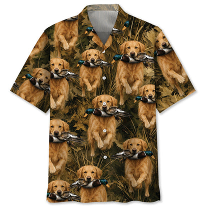 Camouflage Golden Retriever Running with Mallard Duck Hawaiian Shirt