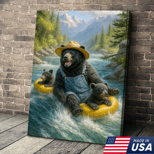 Bear River Adventure Canvas Wall Art – Cute Bear Family Wall Decor for Cabin & Nature Lovers