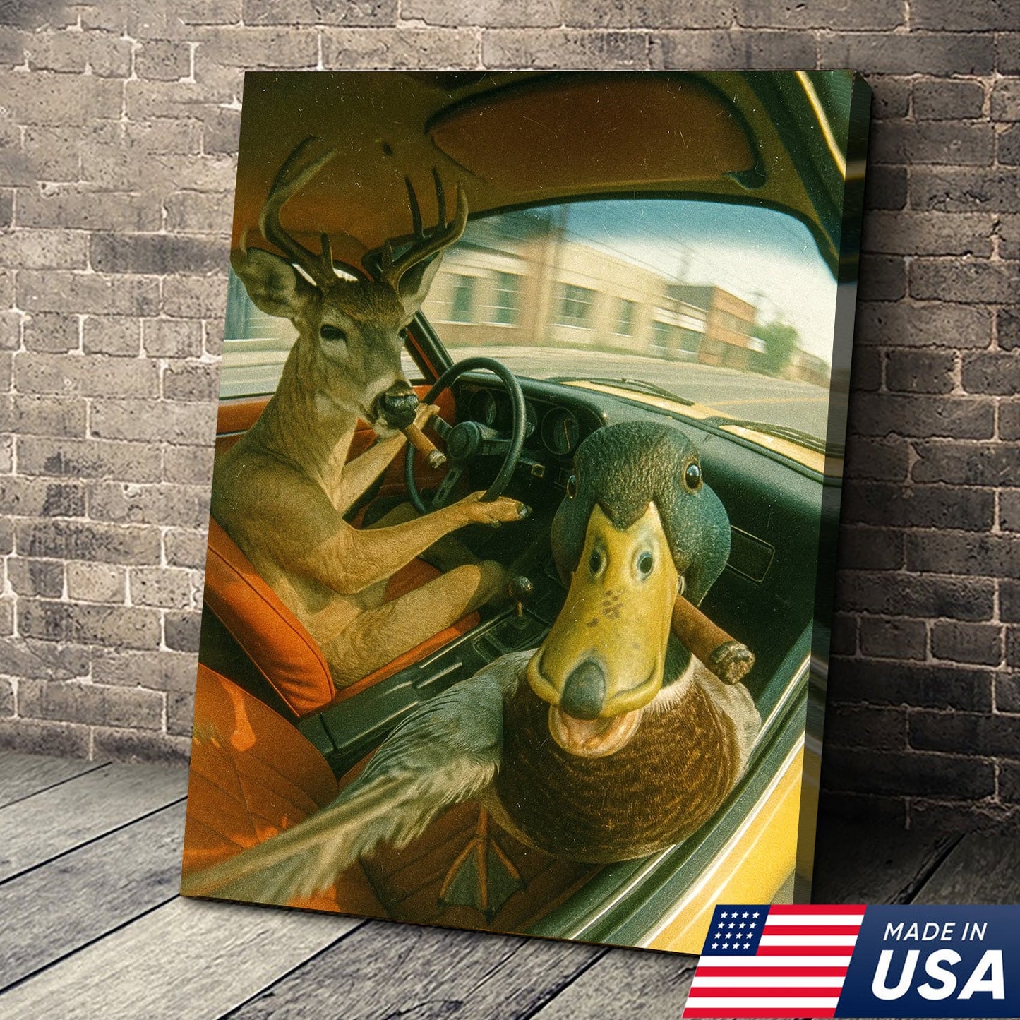 Wild Road Trip Canvas Wall Art – Deer & Duck Adventure Scene – Quirky Rustic Cabin Decor
