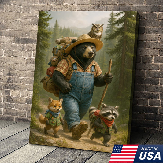 Bear Hiking Adventure Canvas Art – Cute Woodland Animal Wall Decor for Cabin & Home