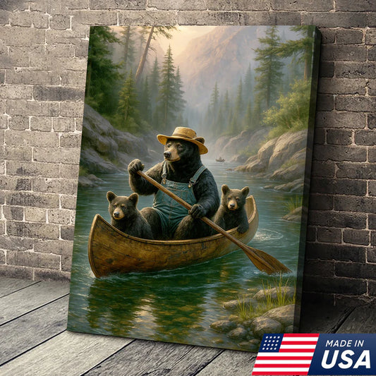 Bear Family Canoe Adventure Canvas Wall Art