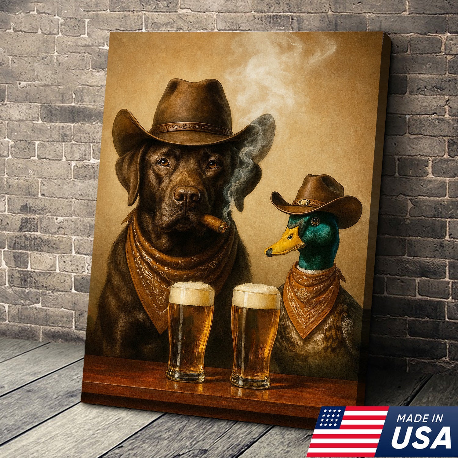 Funny Dog and Duck Canvas Wall Art – Rustic Cowboy Bar Decor Gift for Hunters and Lodge Lovers
