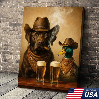 Funny Dog and Duck Canvas Wall Art – Rustic Cowboy Bar Decor Gift for Hunters and Lodge Lovers