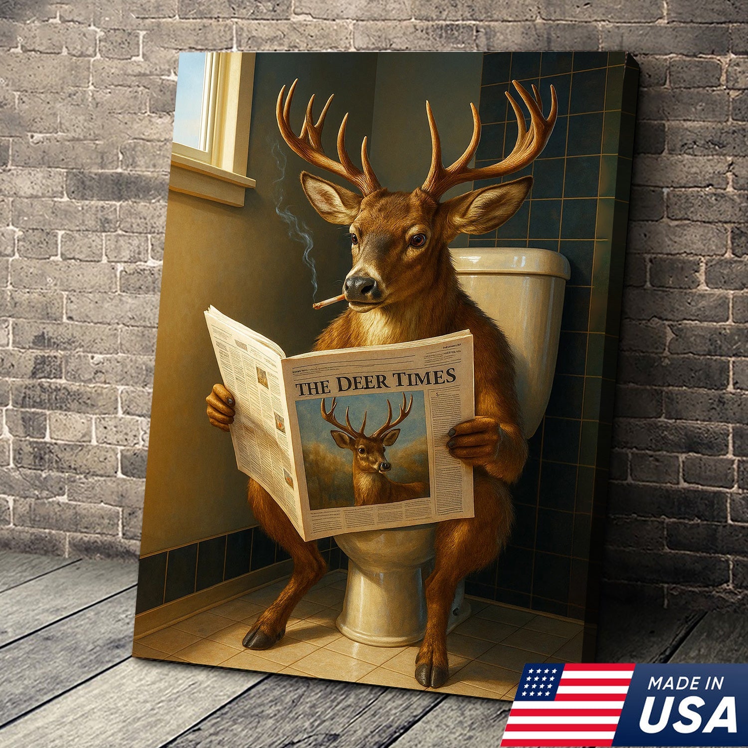 Funny Deer Canvas Wall Art – Buck Reading Newspaper on Toilet – Whitetail Deer Bathroom