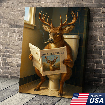 Funny Deer Canvas Wall Art – Buck Reading Newspaper on Toilet – Whitetail Deer Bathroom