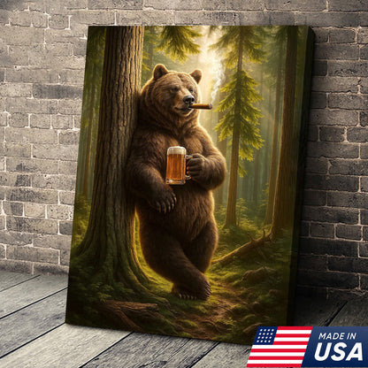 Rustic Bear in Forest Canvas Wall Art, Woodland Animal Decor, Nature Landscape Home Decoration