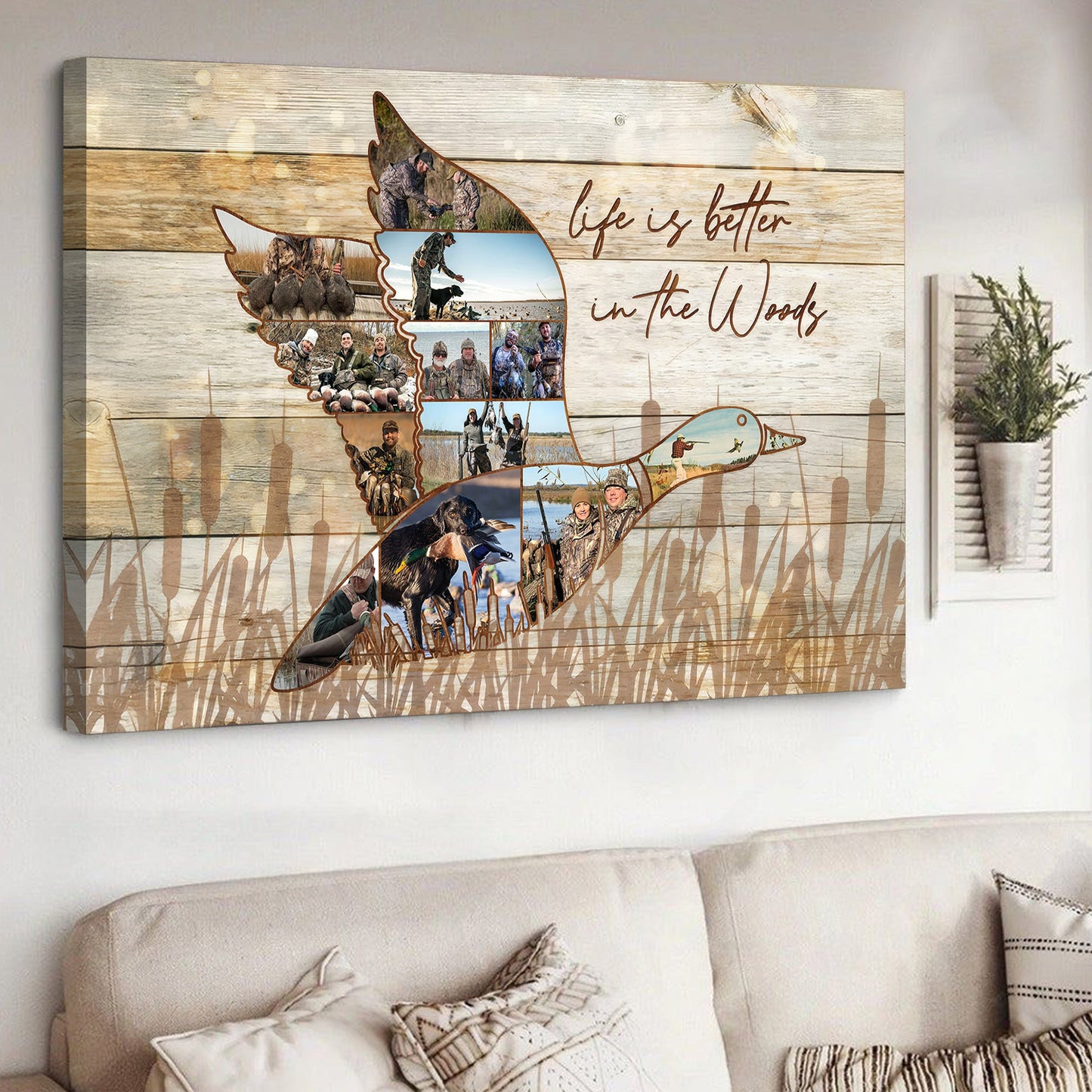Custom Photo Duck Hunting Collage Canvas, Rustic Wood Look, Personalized Waterfowl Hunter Gift Wall Art
