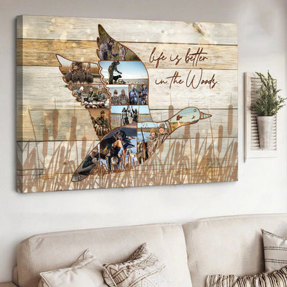 Custom Photo Duck Hunting Collage Canvas, Rustic Wood Look, Personalized Waterfowl Hunter Gift Wall Art