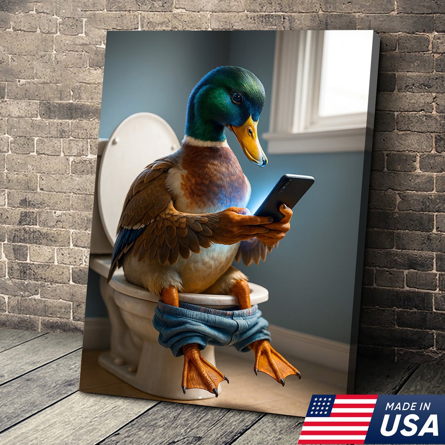 Funny Duck on Toilet Canvas Wall Art – Hilarious Gift for Men, Husband or Bathroom Decor