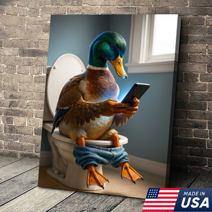 Funny Duck on Toilet Canvas Wall Art – Hilarious Gift for Men, Husband or Bathroom Decor