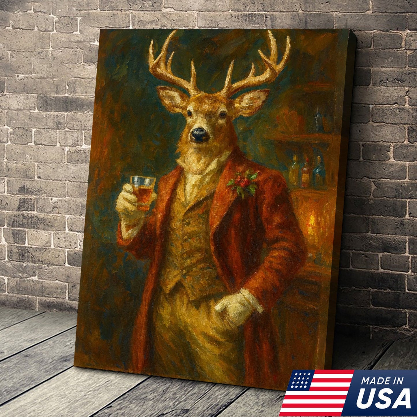 Deer Gentleman Wall Art Canvas – Whiskey Hunter Canvas Decor for Rustic Cabin