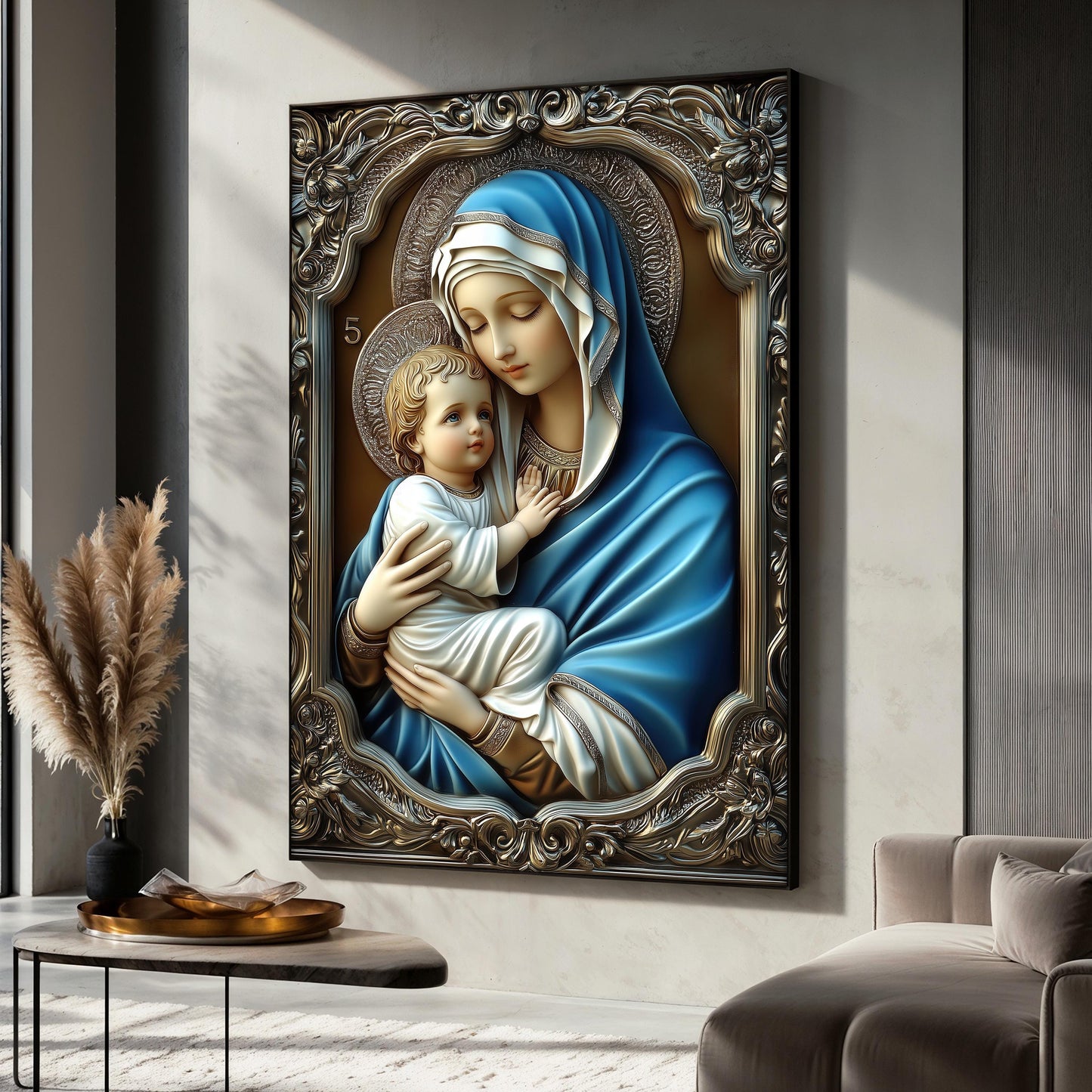 Blessed Virgin Mary and Baby Jesus Canvas Painting, Catholic Wall Art