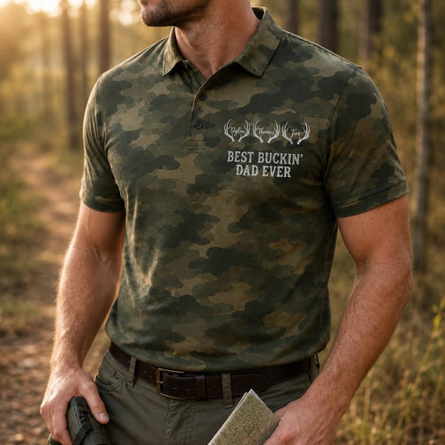 Personalized Hunting Polo Shirt Camouflage Print, Short Sleeve, Deer Antler Names