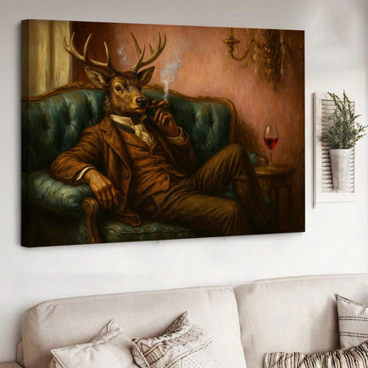 Deer Gentleman Canvas Wall Art – Dapper Buck in Suit on Teal Sofa, Vintage Lounge Portrait