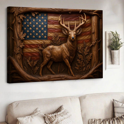 American Deer Flag Canvas Wall Art — Rustic Patriotic Design with Buck and Carved Wood Frame