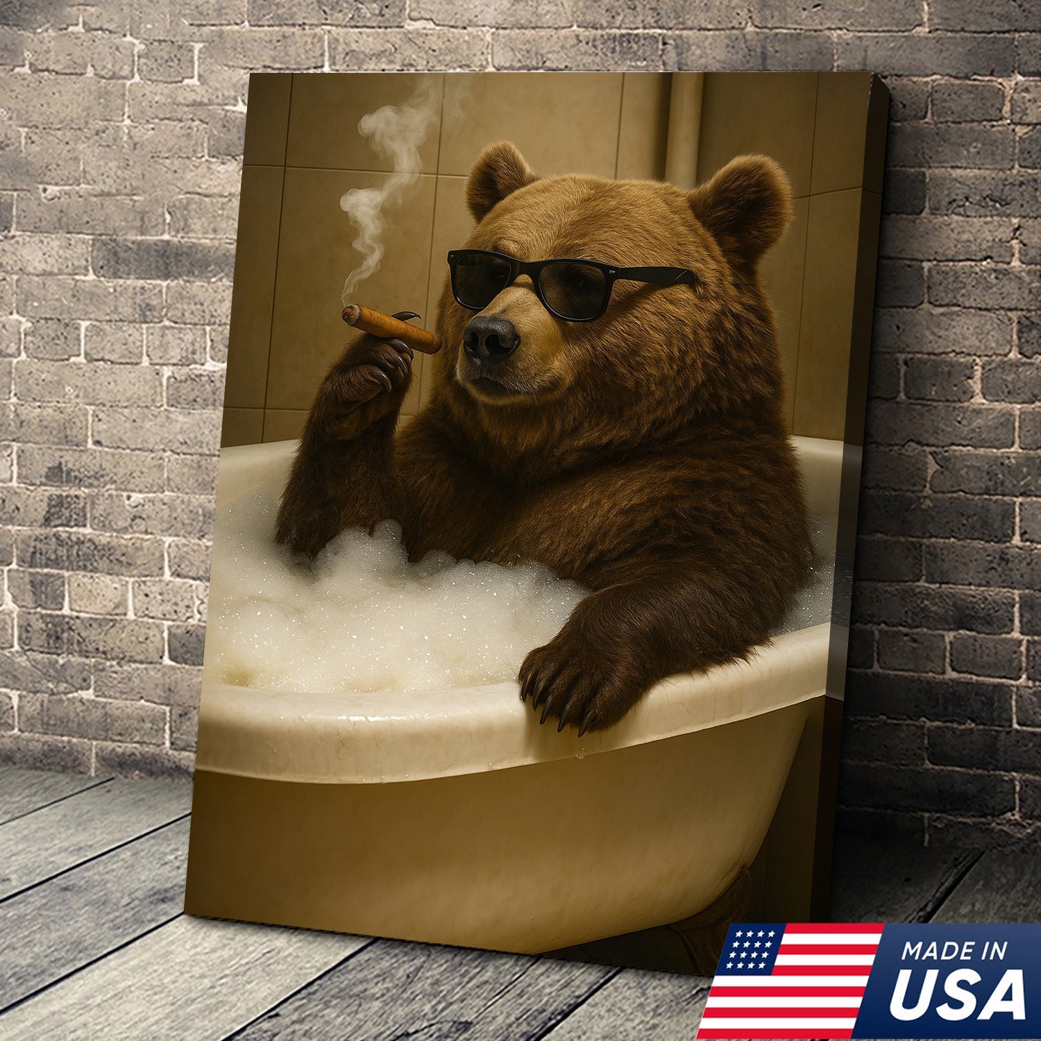 Cool Bear Canvas Wall Art – Funny Relaxing Bathtub Gift for Hunters & Outdoorsmen