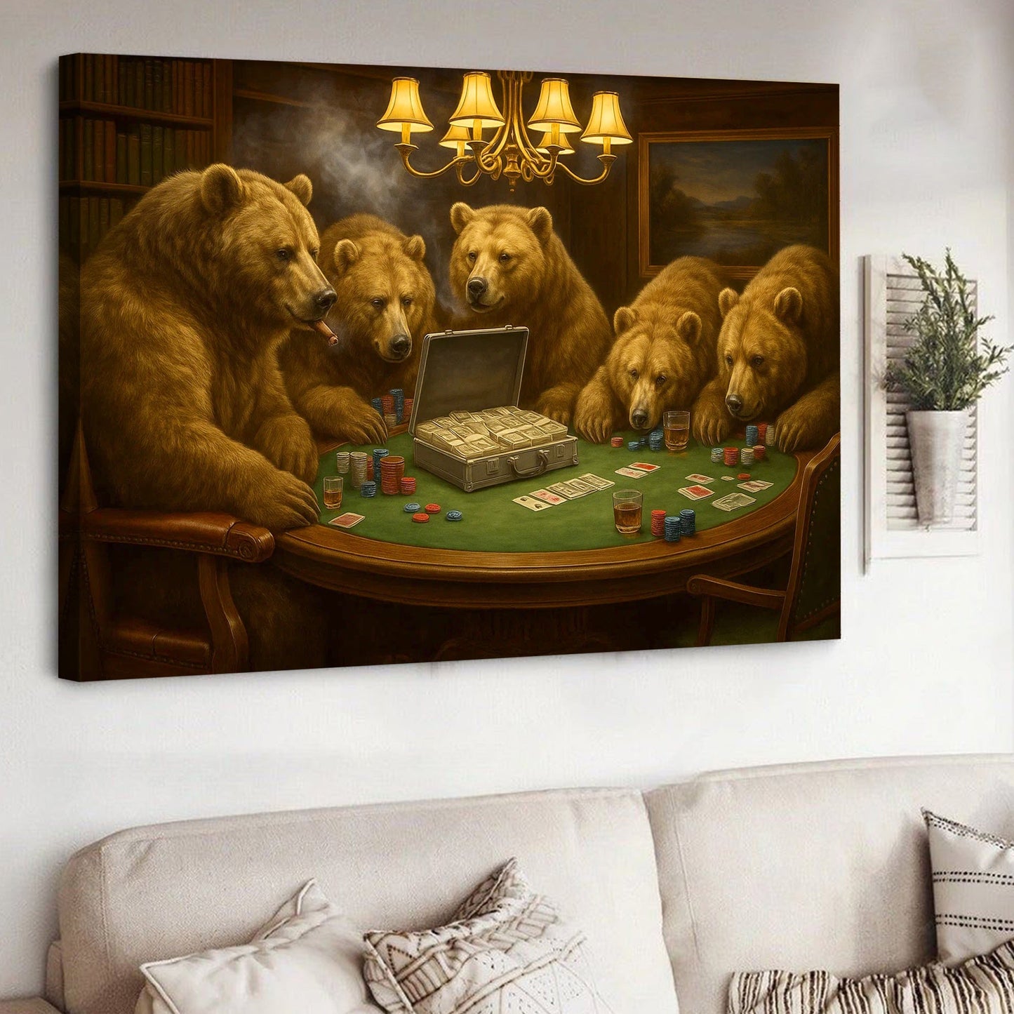 Bears Playing Poker Canvas Wall Art, Funny Casino Game Room Decor, Bear Poker Table Print