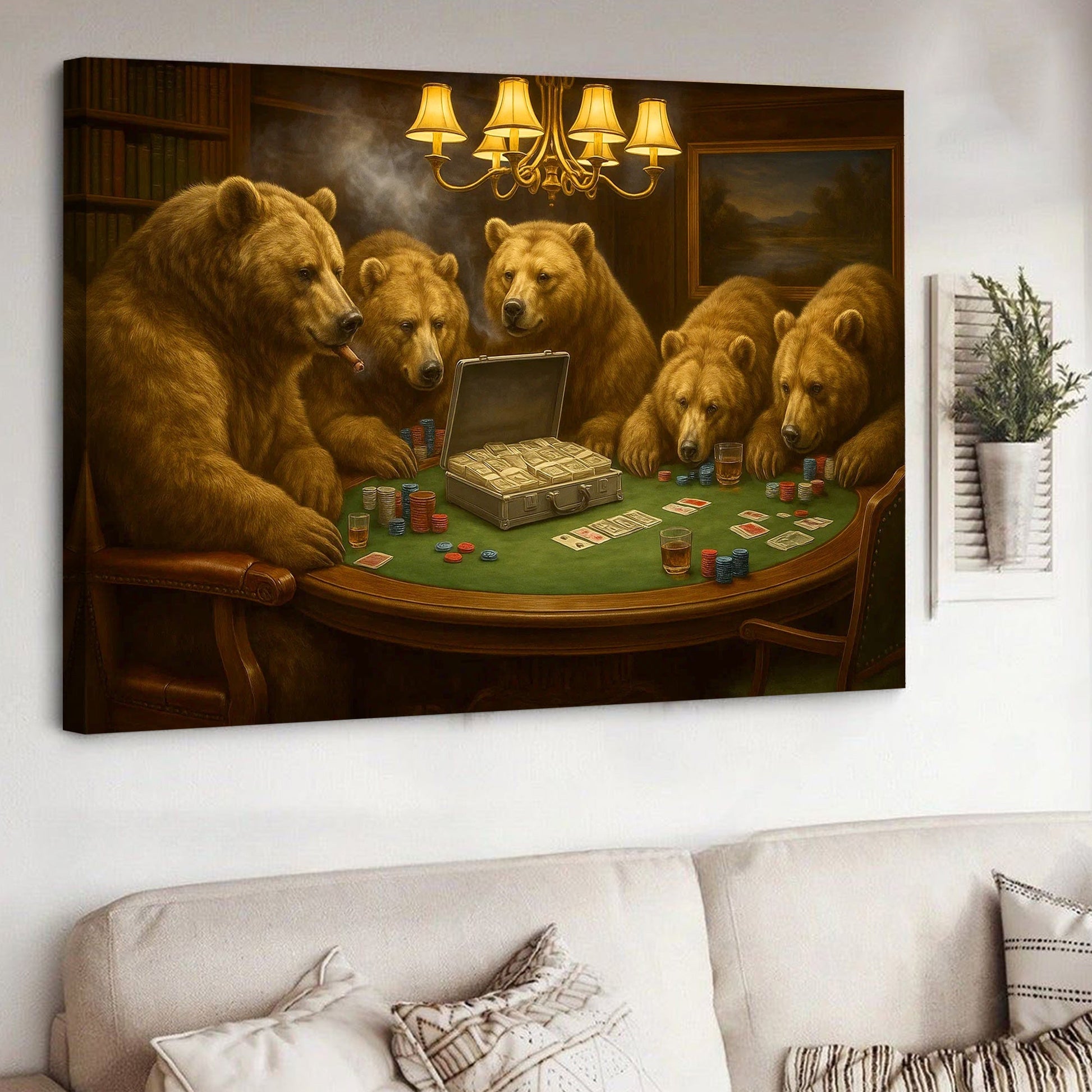 Bears Playing Poker Canvas Wall Art, Funny Casino Game Room Decor, Bear Poker Table Print