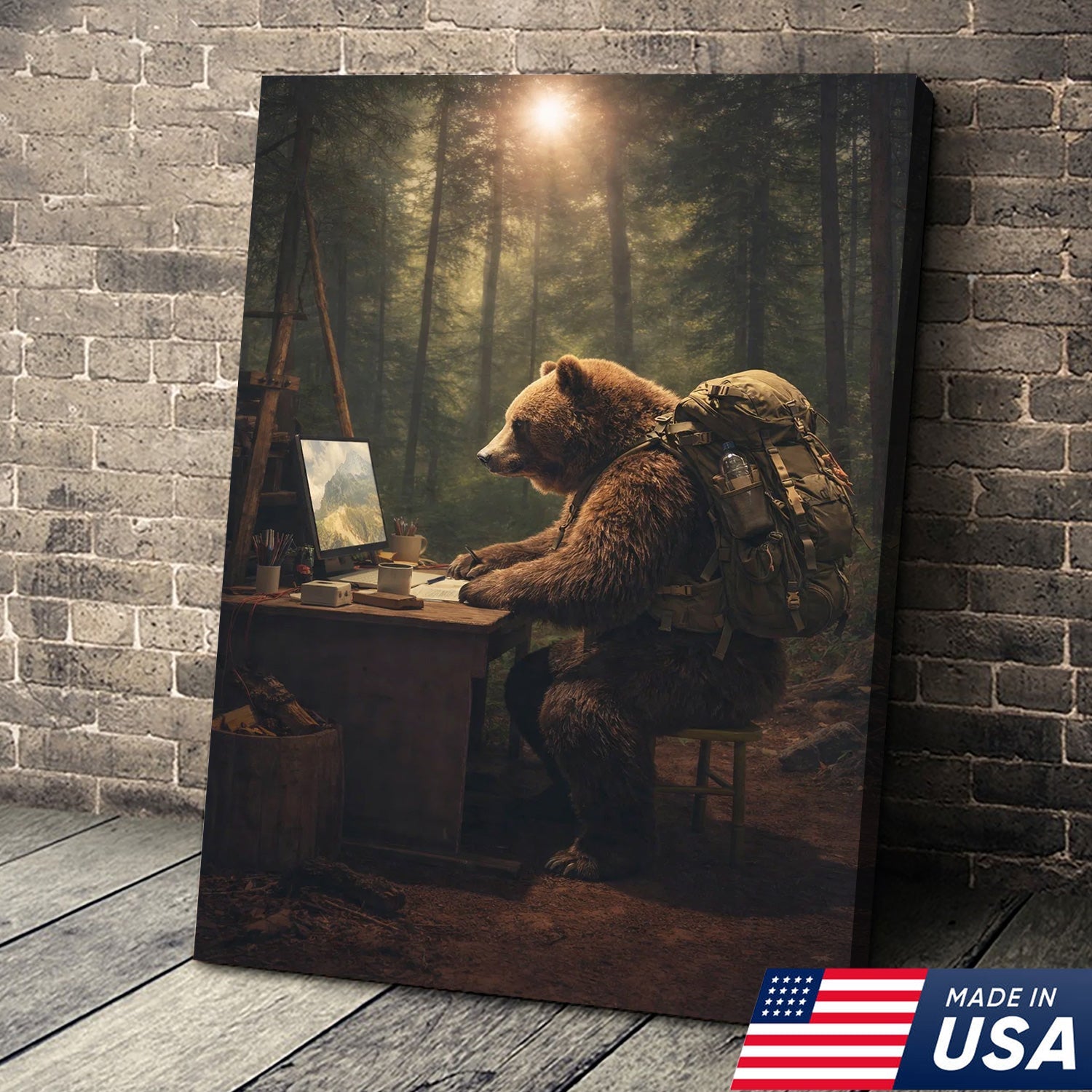 Bear Remote Work Canvas Wall Art, Whimsical Forest Office Animal Illustration