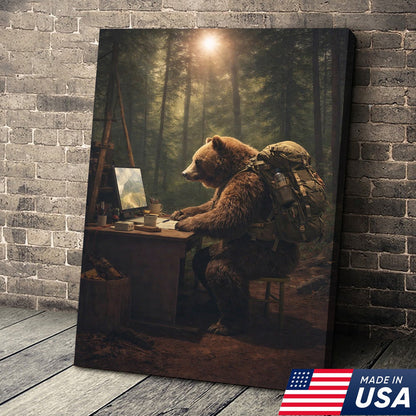 Bear Remote Work Canvas Wall Art, Whimsical Forest Office Animal Illustration