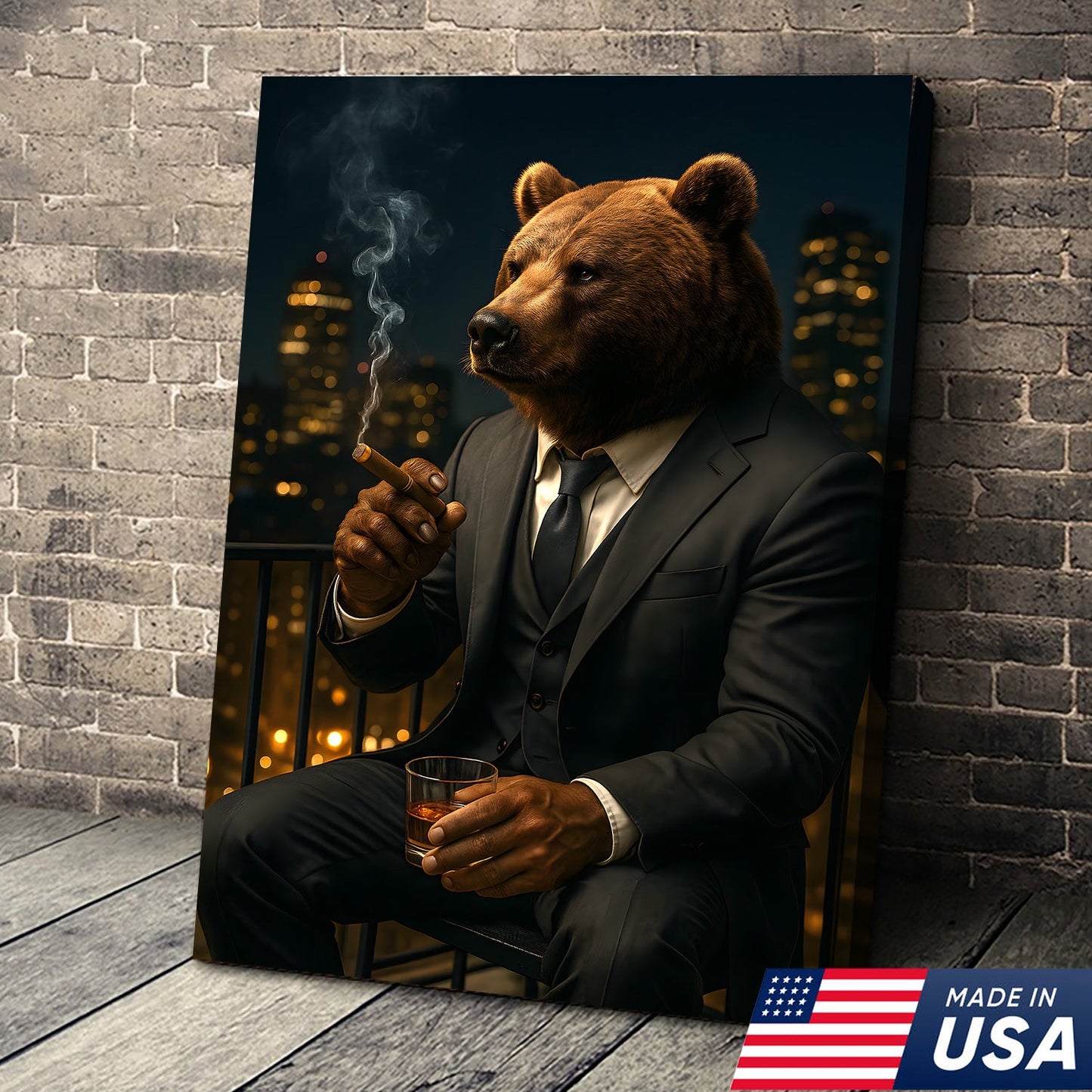 Boss Bear Wall Art – Suited Animal Smoking Canvas, Whiskey Lounge Decor, Alpha Man Gift