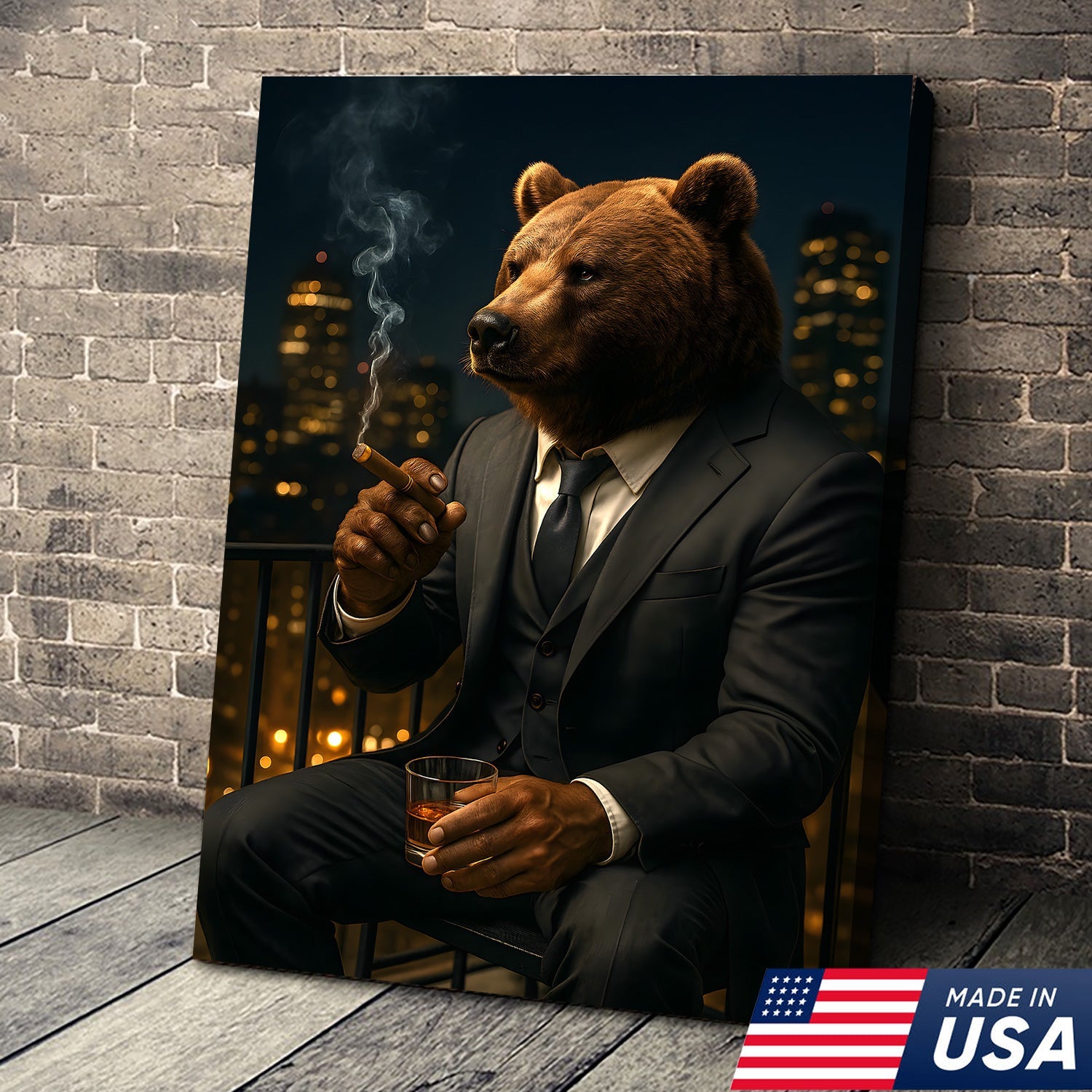Boss Bear Wall Art – Suited Animal Smoking Canvas, Whiskey Lounge Decor, Alpha Man Gift