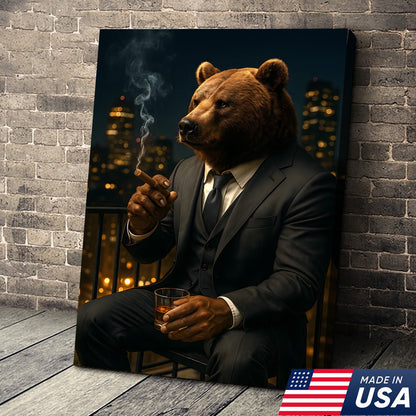 Boss Bear Wall Art – Suited Animal Smoking Canvas, Whiskey Lounge Decor, Alpha Man Gift
