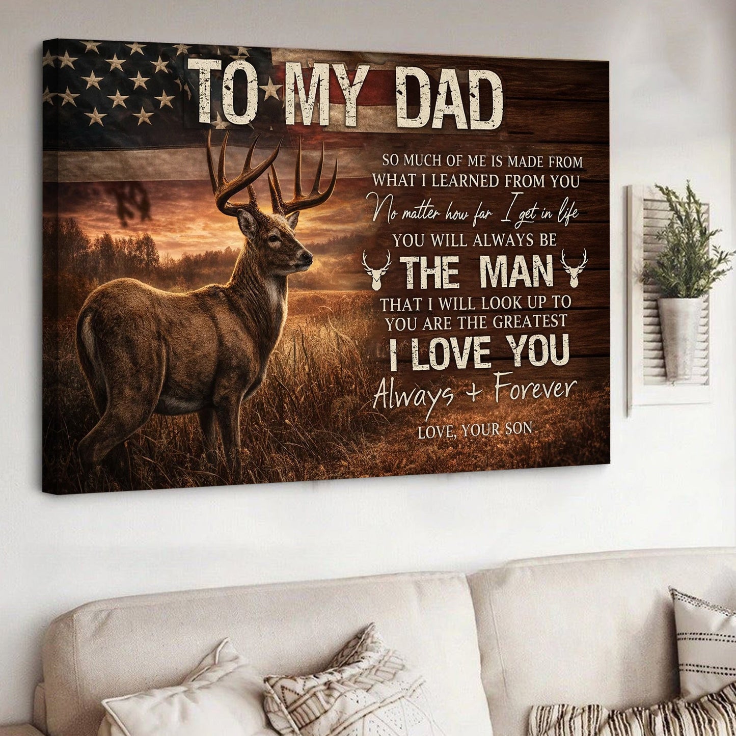 To My Dad Deer Canvas Wall Art, Patriotic Father Son Love Quote Artwork