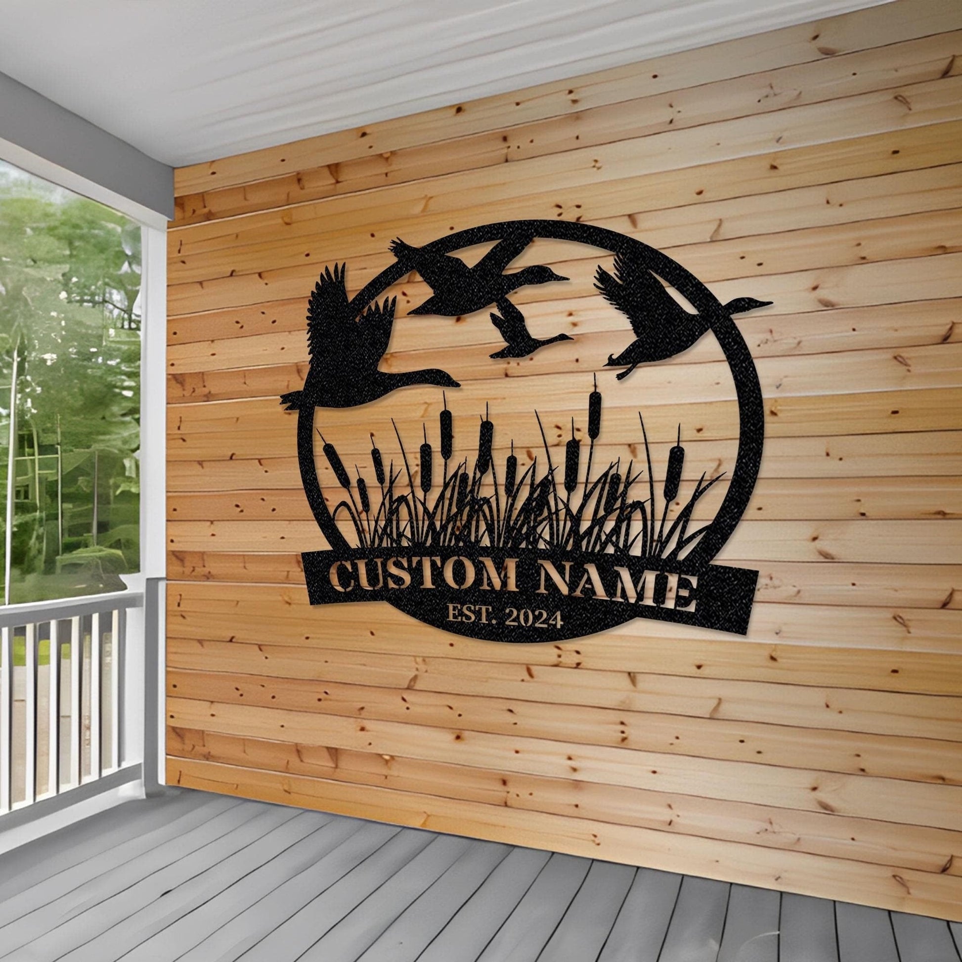 Personalized Flying Mallard Duck Metal Sign: Hunting Cabin Decor