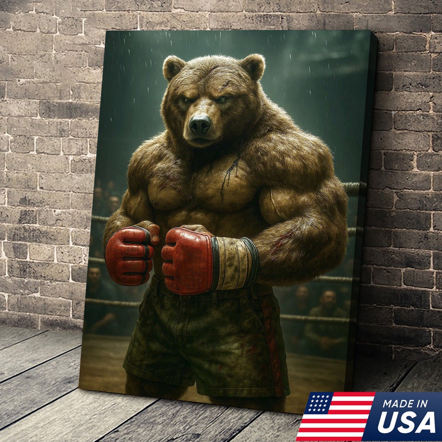 Boxer Bear Canvas Wall Art, Fierce Animal Fighter Artwork, Powerful Strength Decor for Men