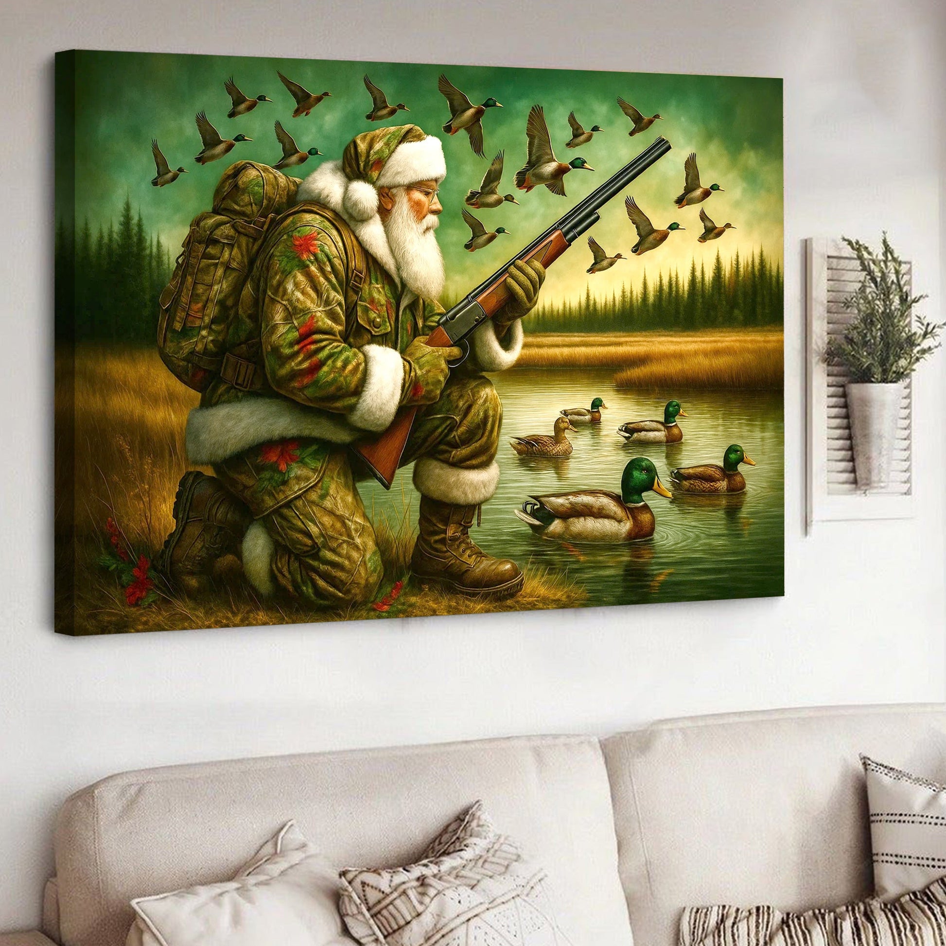 Santa Duck Hunting Canvas Wall Art, Rustic Christmas Cabin Decor, Outdoor Waterfowl Hunter Gift