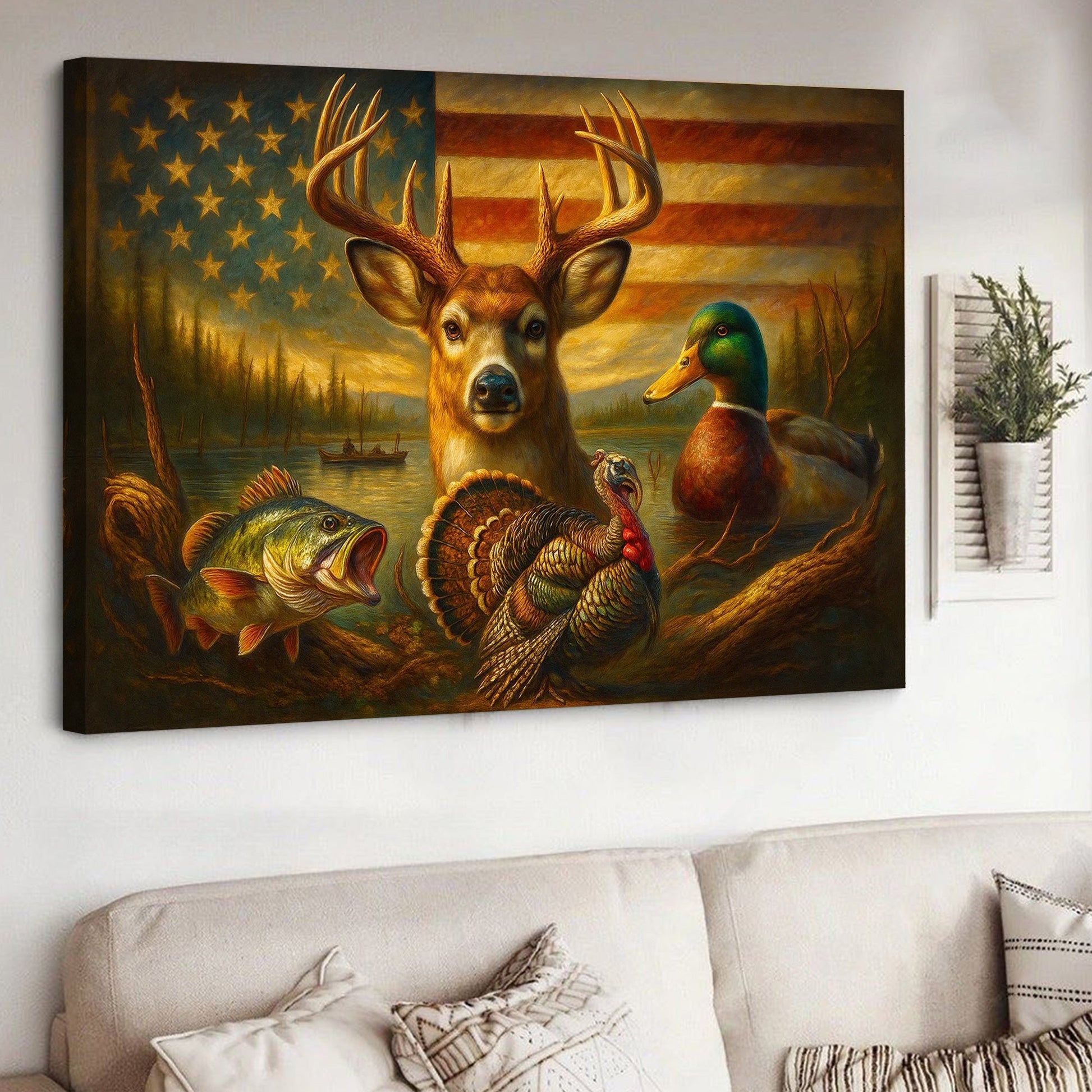 American Flag Hunting Canvas Wall Art – Whitetail Buck, Wild Turkey, Mallard Duck & Largemouth Bass