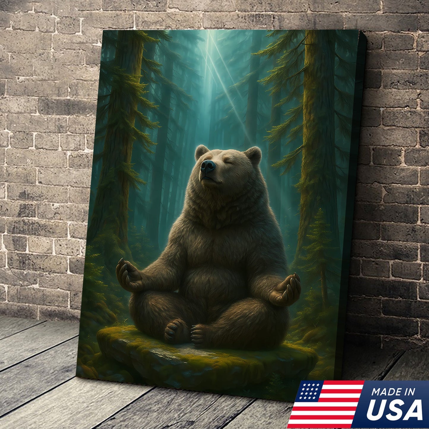 Zen Bear Wall Art – Meditating Bear Canvas for Cabin, Nature Lovers & Rustic Home Decor