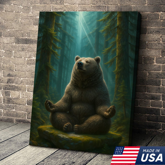 Zen Bear Wall Art – Meditating Bear Canvas for Cabin, Nature Lovers & Rustic Home Decor
