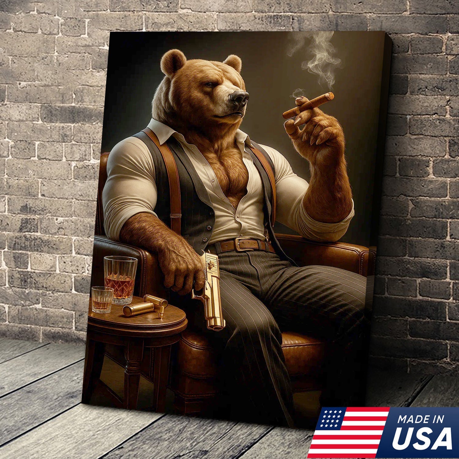 Boss Bear Canvas Wall Art, Stylish Anthropomorphic Animal Portrait, Masculine Power Lounge Decor